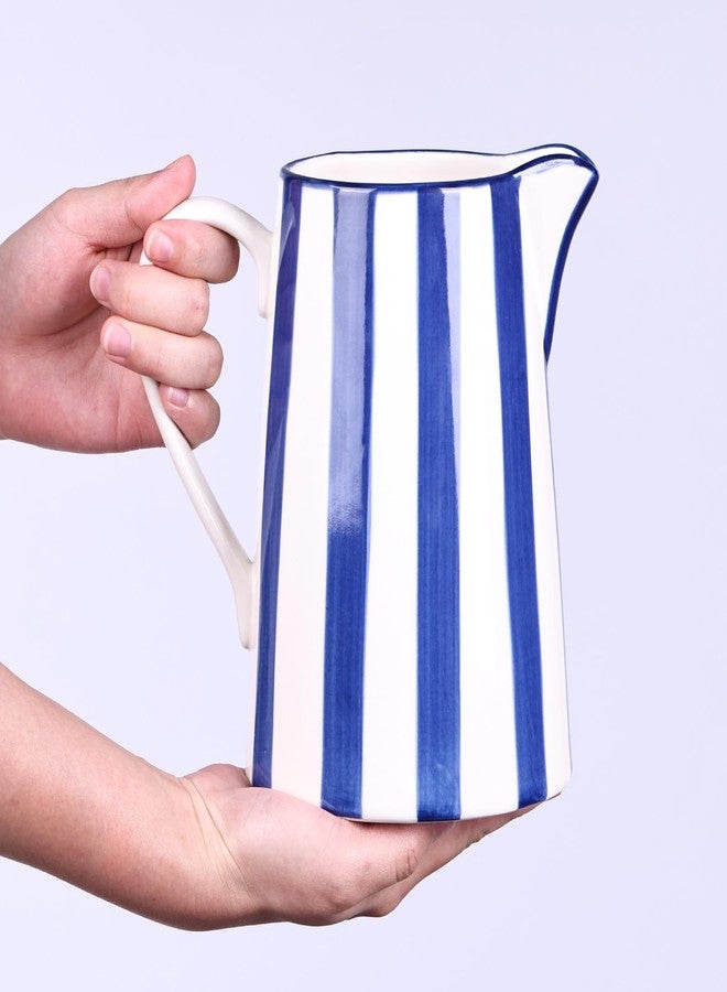 oliruim Ceramic Blue and White Pitcher Vase with Handle, Hand Painted Farmhouse Boho Pottery Jug for Decor Table Centerpiece, Kitchen, Home Desktop Decor Vase (Stripes) - Image 4